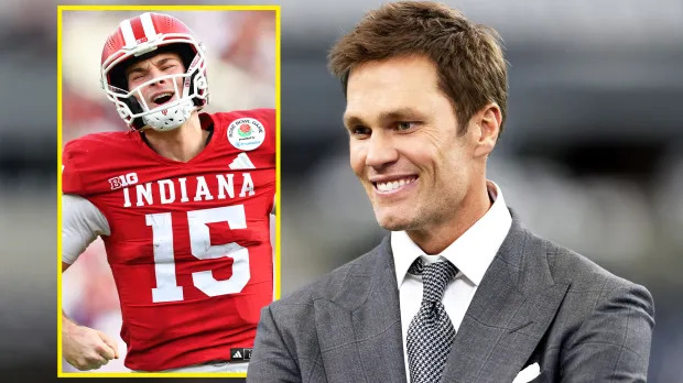 Fernando Mendoza speaking with Tom Brady during Raiders NFL Combine interview
